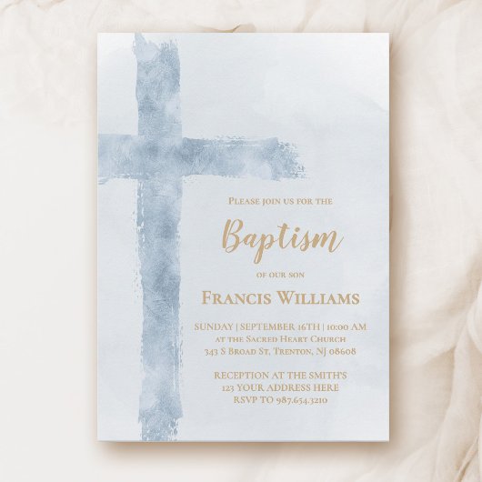 Invitation croix aquarelle bleue Baptême