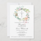 Invitation Croix argent florale pour baptême (Devant)