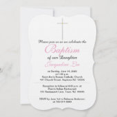 Invitation Croix Argent Or Baptême Fille Rose (Devant)