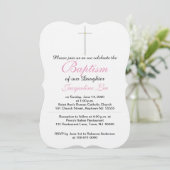 Invitation Croix Argent Or Baptême Fille Rose (Debout devant)