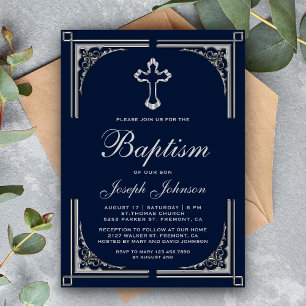 Invitation Croix argentée de frontière ornée élégante pour ba