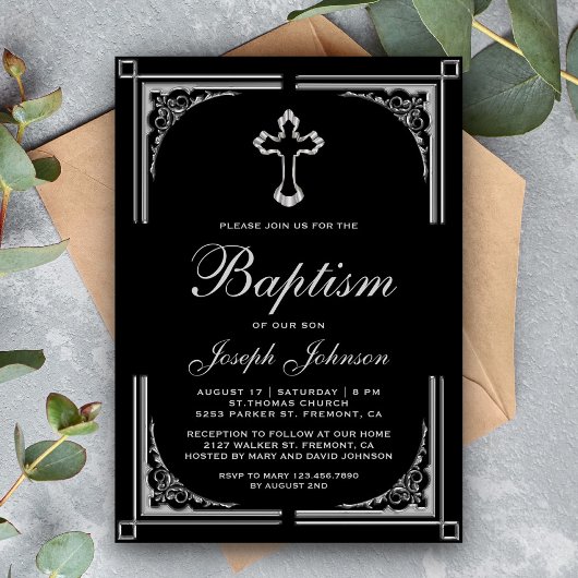 Invitation Croix argentée de frontière ornée élégante pour ba