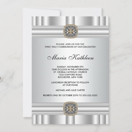 Invitation Croix argentée dorée pour la première communion de (Devant)