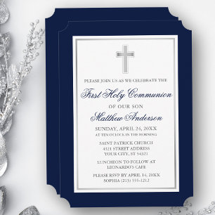Invitation Croix argentée élégante Première Communion bleue