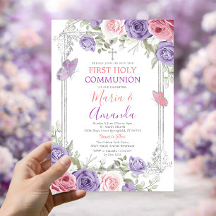 Invitation Croix argentée fleur violette Première Sainte Comm
