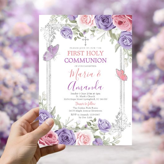 Invitation Croix argentée fleur violette Première Sainte Comm