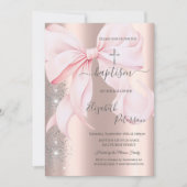 Invitation Croix argentée Ruban rose Rose Gold Paillettes (Devant)