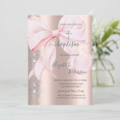 Invitation Croix argentée Ruban rose Rose Gold Paillettes (Debout devant)