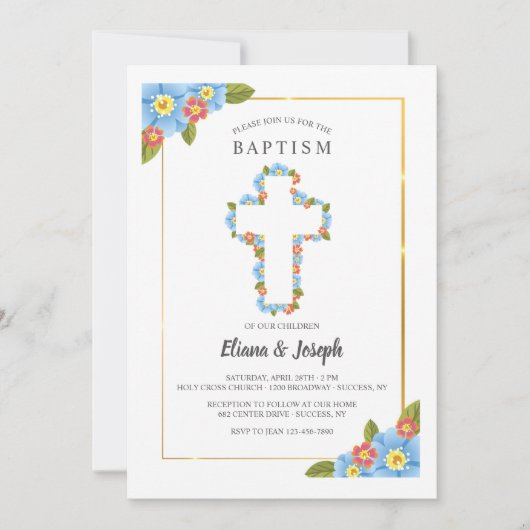 Invitation Croix aux fleurs bleues et rouges (Devant)