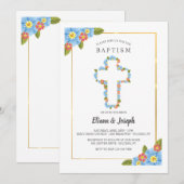 Invitation Croix aux fleurs bleues et rouges (Devant / Derrière)