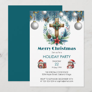Invitation Croix avec Accents Bleus d'hiver Noël