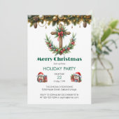 Invitation Croix avec couronne et baies rouges Noël (Debout devant)