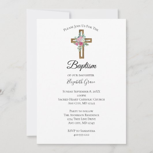 Invitation Croix avec fleurs baptême (Devant)