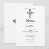 Invitation Croix avec fleurs baptême (Devant / Derrière)