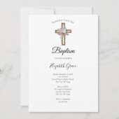 Invitation Croix avec fleurs roses baptême (Devant)