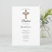 Invitation Croix avec fleurs roses baptême (Debout devant)
