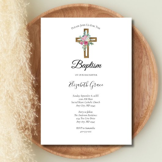 Invitation Croix avec fleurs roses baptême