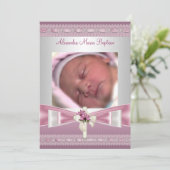 Invitation Croix Baptême de la photo rose blanche (Debout devant)