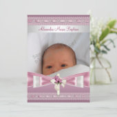 Invitation Croix Baptême de la photo rose blanche (Debout devant)