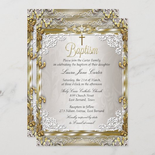 Invitation Croix-Baptême en or beige vintage (Devant / Derrière)