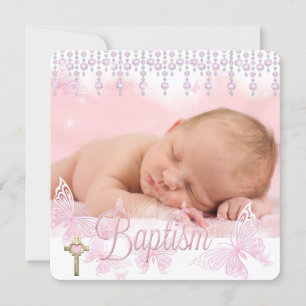 Invitation Croix Baptême Papillon Rose Argent