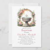 Invitation Croix-Baptême rose florale (Devant)