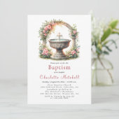 Invitation Croix-Baptême rose florale (Debout devant)