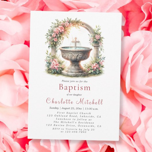 Invitation Croix-Baptême rose florale