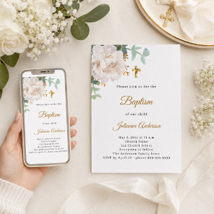 Invitation Croix baptismale florale blanche en or
