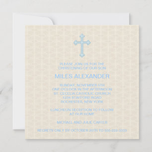 Invitation Croix beige en damas pour garçon, baptême bleu