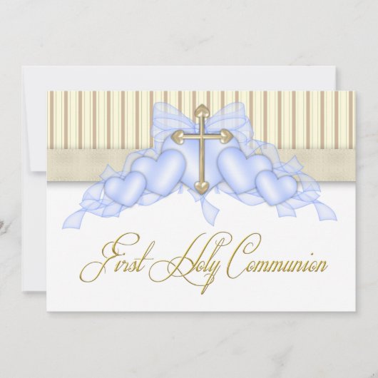 Invitation Croix beige et bleu or Boys Première communion (Devant)