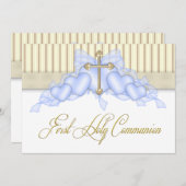 Invitation Croix beige et bleu or Boys Première communion (Devant / Derrière)