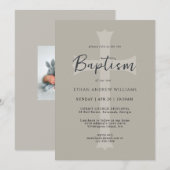Invitation Croix beige neutre simple Baptême bébé avec photo (Devant / Derrière)