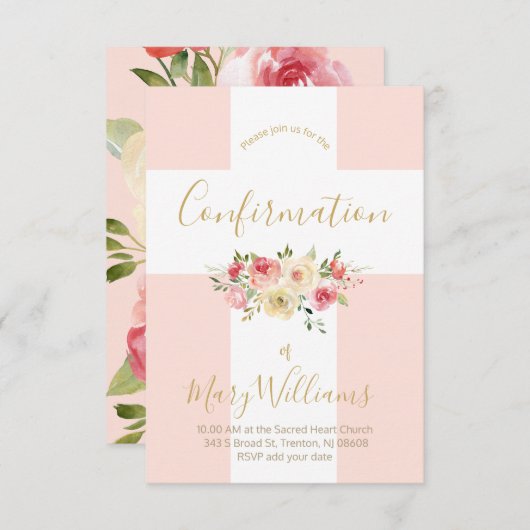 Invitation Croix blanche catholique et fleurs Confirmation (Devant / Derrière)
