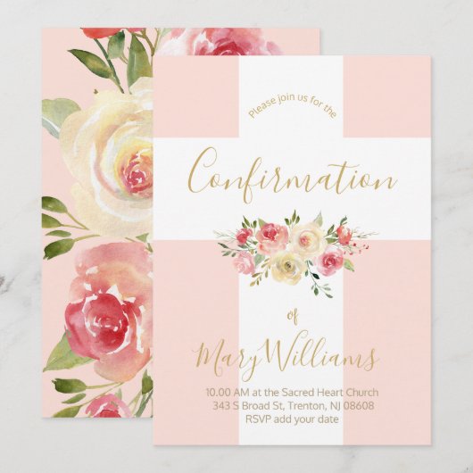 Invitation Croix blanche catholique et fleurs Confirmation (Devant / Derrière)