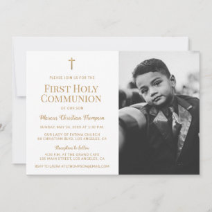 Invitation Croix blanche et or Garçon Première communion sole
