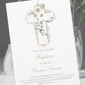 Invitation croix blanche feuille verte Baptême