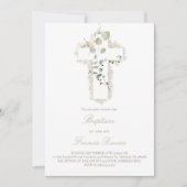 Invitation croix blanche feuille verte Baptême (Devant)