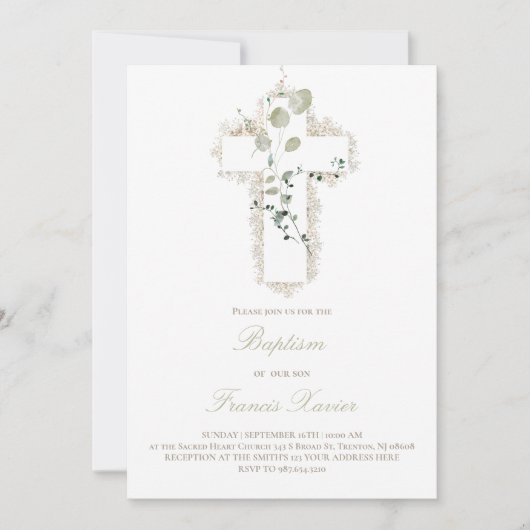 Invitation croix blanche feuille verte Baptême (Devant)