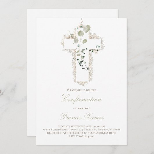 Invitation croix blanche feuille verte Confirmation (Devant / Derrière)