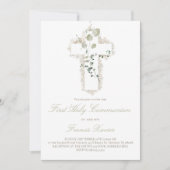 Invitation Croix blanche feuille verte Première communion sai (Devant)