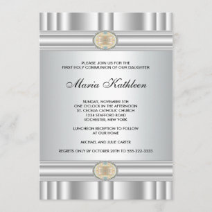 Invitation Croix Blanche Filles Elégant Première Communion Or