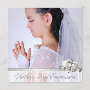 Invitation Croix Blanche Filles Photo Première Communion Blan