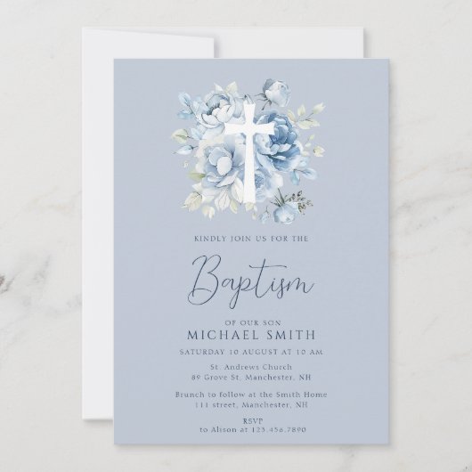 Invitation croix blanche florale bleu poussiéreux baptême (Devant)