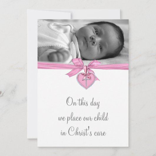 Invitation Croix Blanche rose Bébé Fille Photo Christening (Devant)