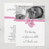 Invitation Croix Blanche rose Bébé Fille Photo Christening (Devant / Derrière)