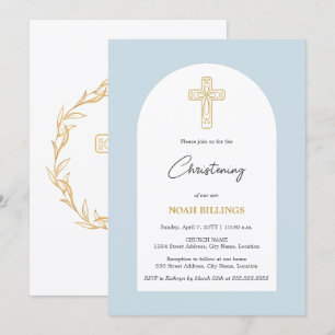 Invitation Croix Bleu et Or Minimaliste pour Baptême