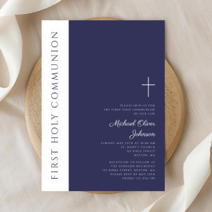 Invitation Croix bleu marine moderne Première Sainte Communio