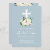 Invitation Croix Bleu Poussiéreux avec Floraisons Crème, Bapt (Devant / Derrière)