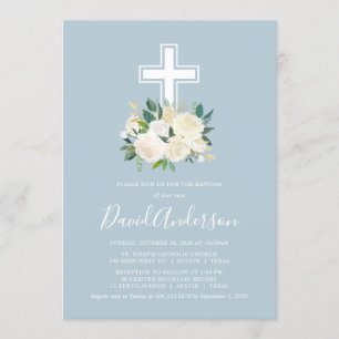 Invitation Croix Bleu Poussiéreux avec Floraisons Crème, Bapt